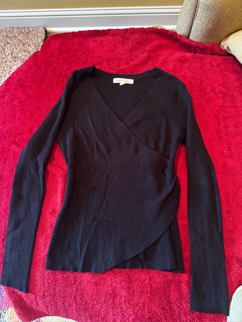 Honey Punch Black Ribbed Wrap-Front Top